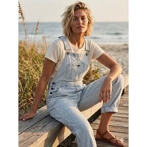 Faherty Women's Topsail Railroad Blue Striped Carpenter Bib Overalls XS Utility